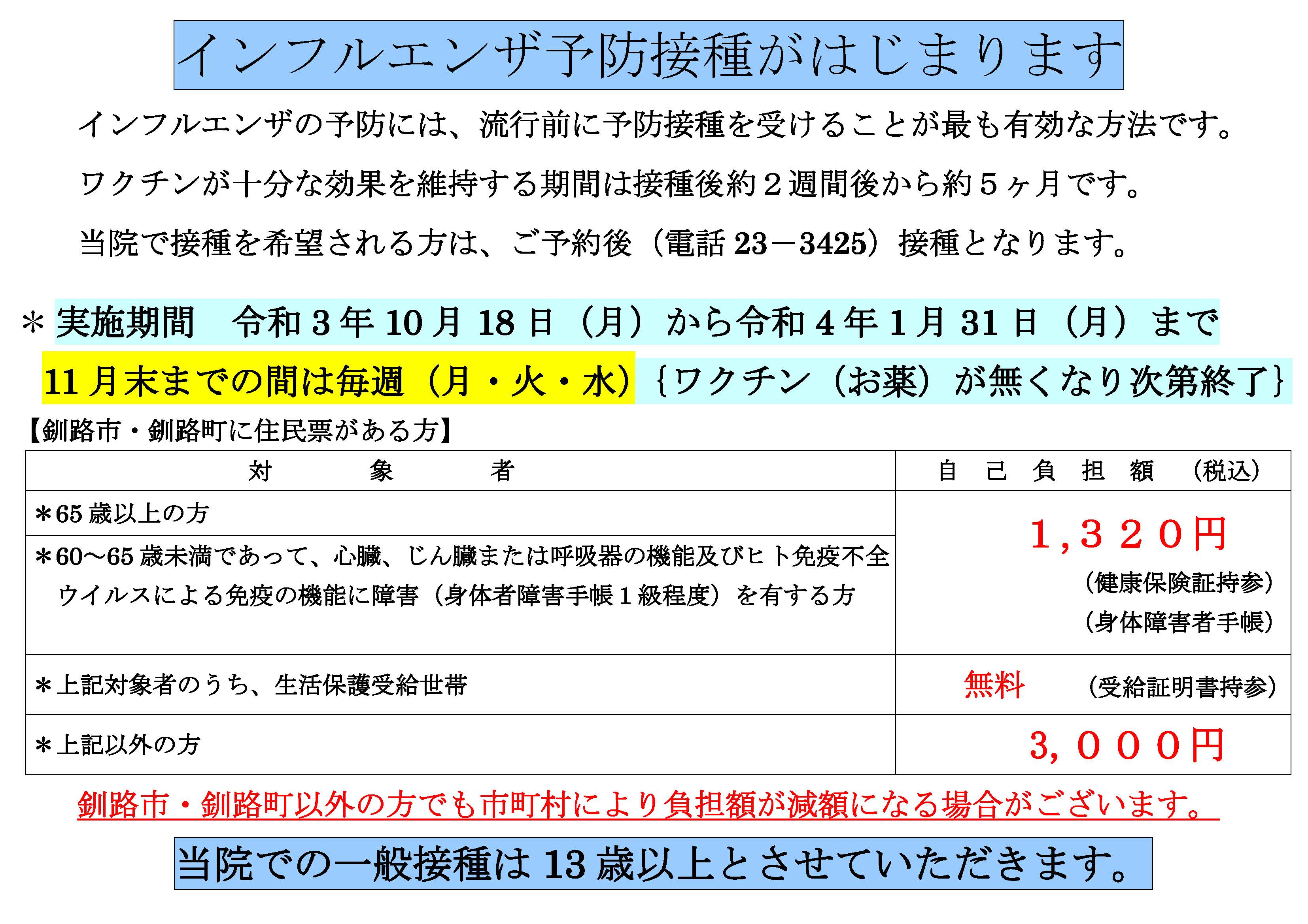 インフルエンザ予防接種のお知らせ